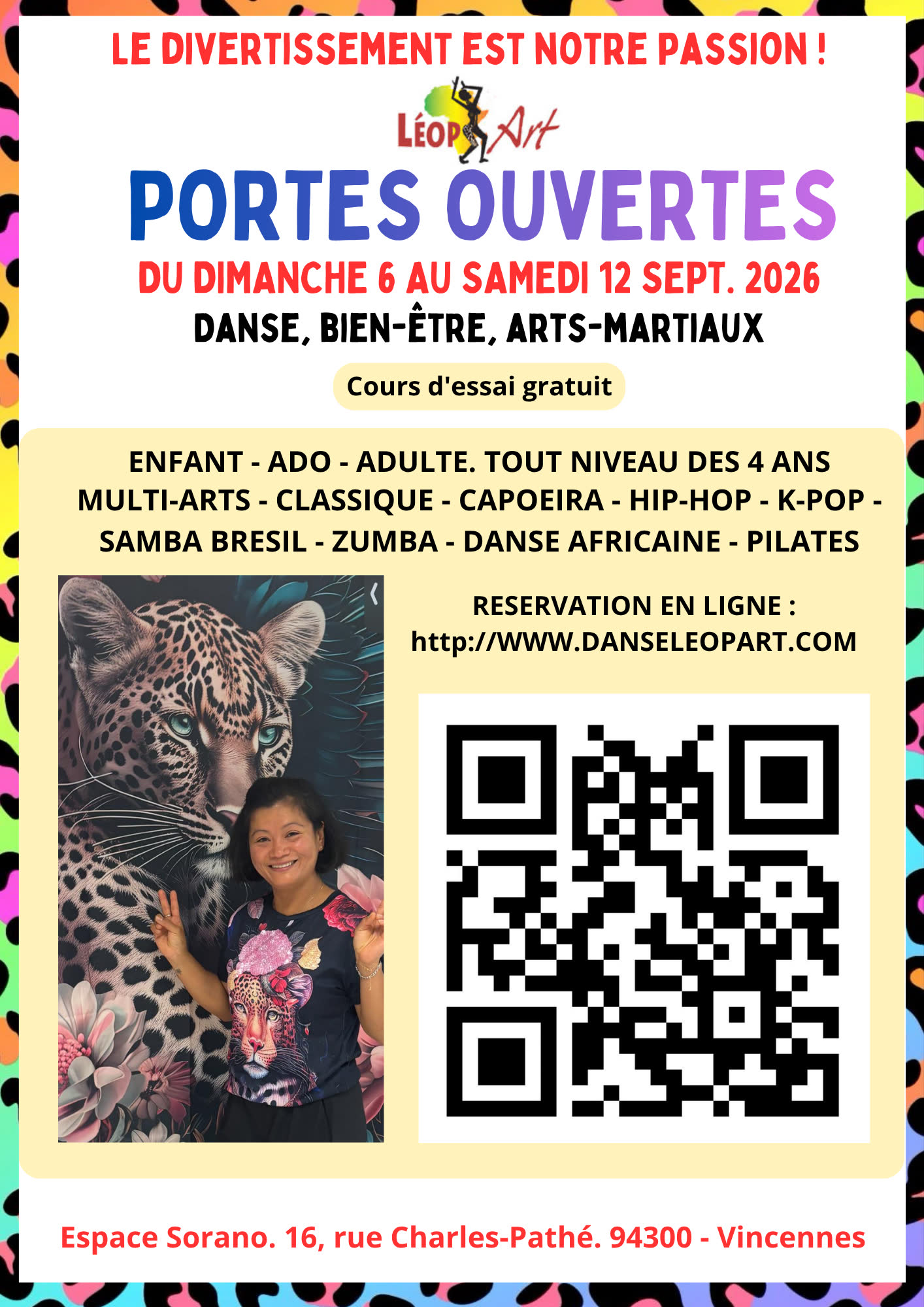 Affiche des portes ouvertes de Danseleopart, du dimanche 6 au samedi 12 septembre 2026, à l’espace Sorano de Vincennes