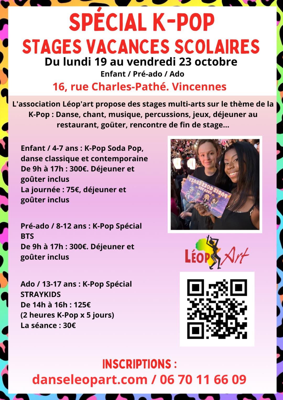 Affiche du stage multi-arts spécial K-pop des vacances de la Toussaint, du 19 au 23 octobre à Vincennes