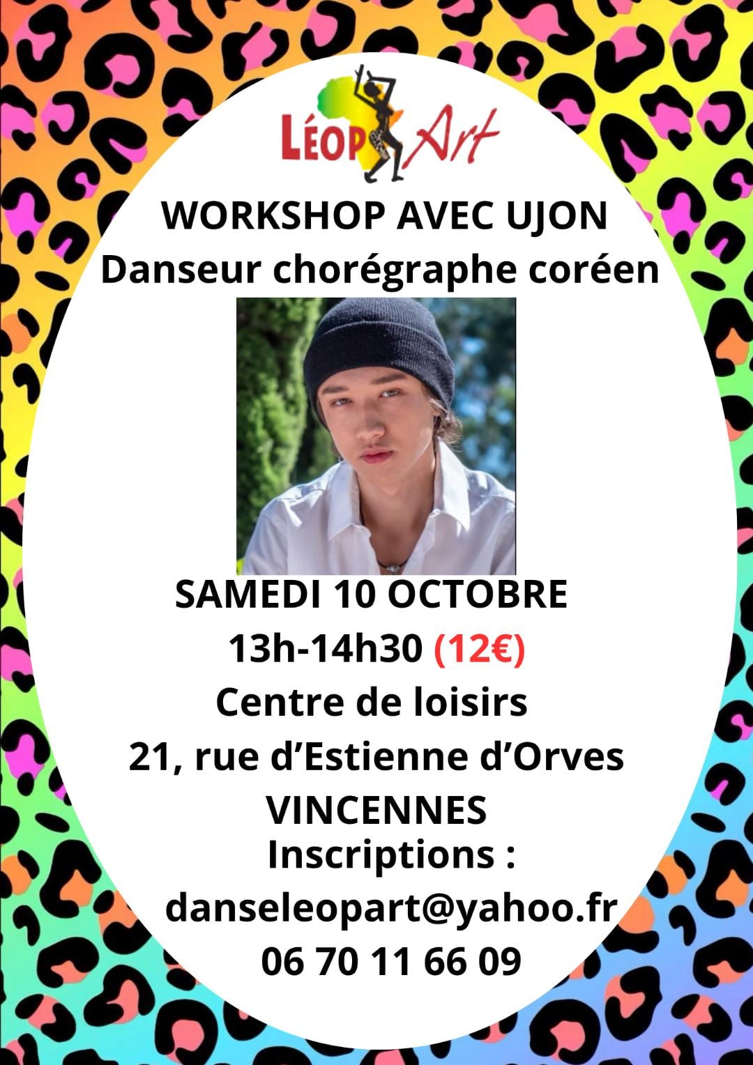 Affiche du workshop de K-pop avec UJON, danseur chorégraphe coréen, le samedi 10 octobre de 13h à 14h30 à Vincennes